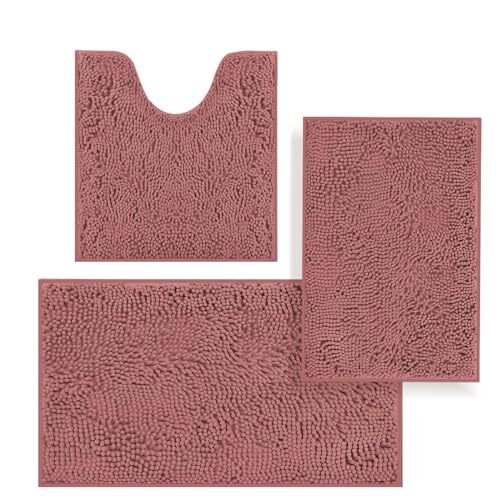 Juegos de alfombras de baño 3 piezas, alfombras de baño para baño antideslizantes, rosa frijol grueso - Imagen 1 de 6