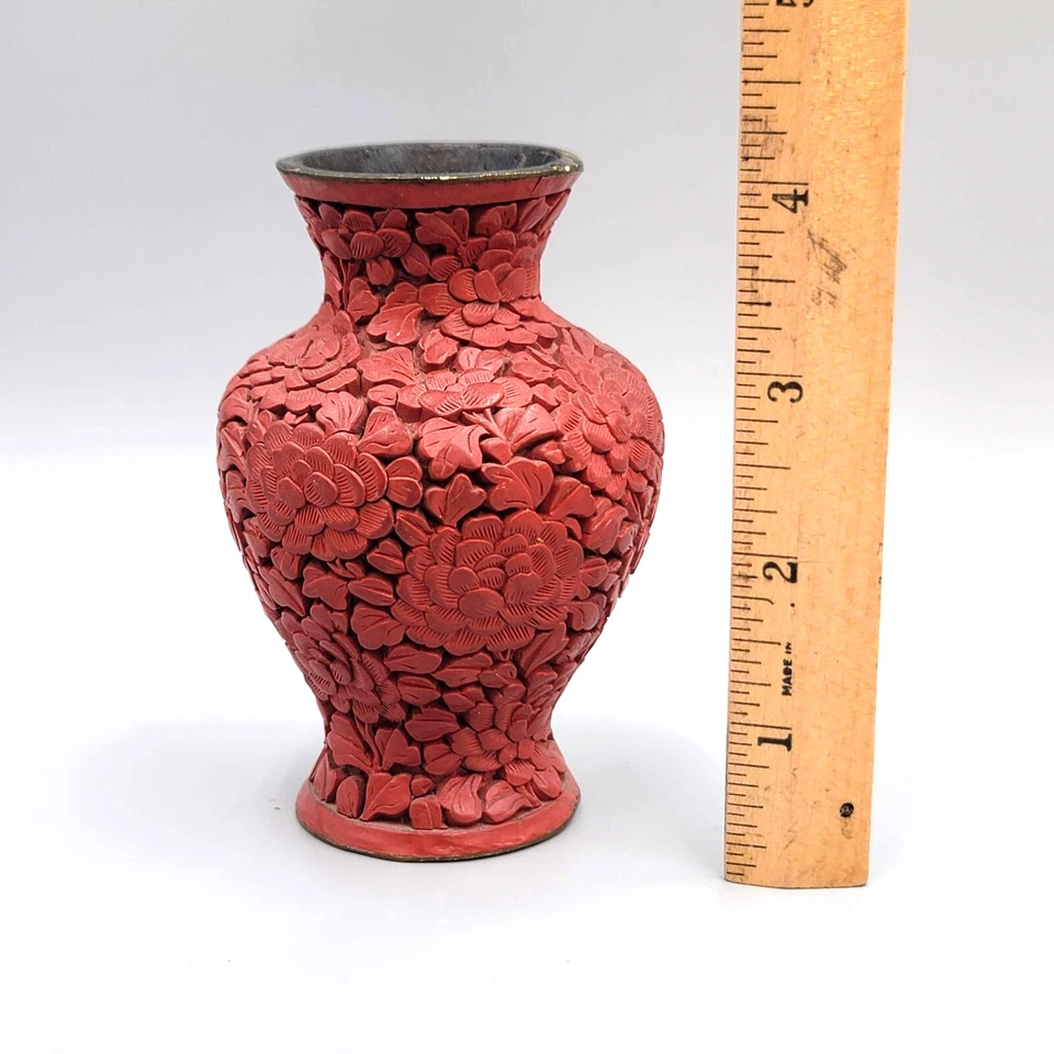 Antique HAND CARVED CINNABAR CHINESE VASE Brass Flowers Floral - Image 4 of 4