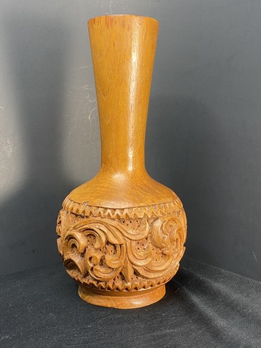 Vtg Turned Hand Carved 8” Wooden Vase Mid-Century Modern MCM Heavy Home Decor - Picture 2 of 24