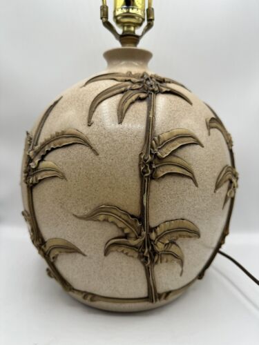 Hollywood Regency Faux Bamboo Beige Icing Palm Table Lamp Round 21” - Picture 3 of 17