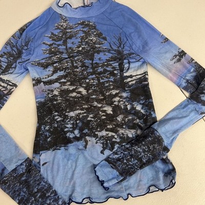 Neu XS Free People Fp Movement Blau Schwarz Bedruckt Hoch Jump Lang SLV Top Hemd
