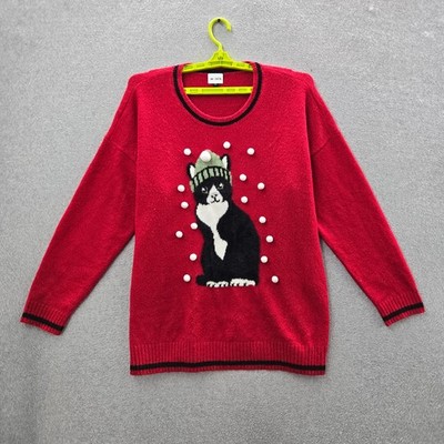 Torrid Women Sweater 1 Red Holiday Cat Ringer Knit Pullover
