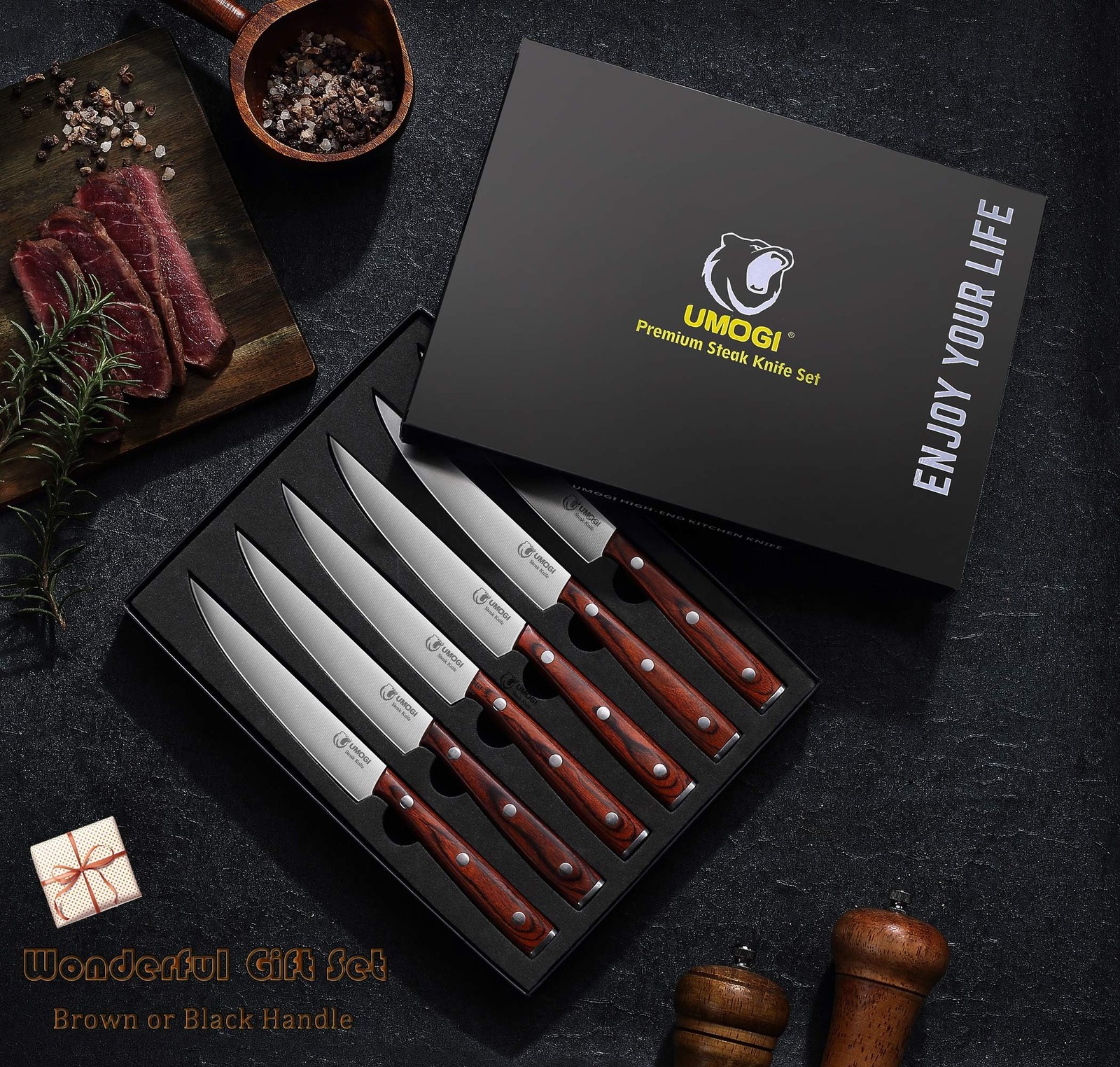 Premium Steak Knife Set 6pc, 4.8" German SS, Non-Serrated, Wood Handle, Boxed