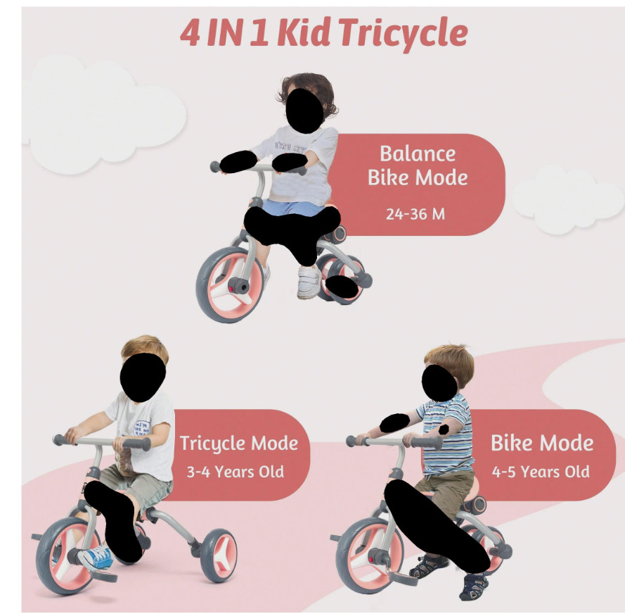 4 In 1 Tricycle For Toddlers Age 2-5, Folding Toddler Bike Kids Trike Tricycles