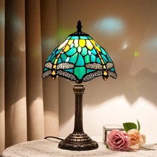 Tiffany Lamp Style Stained Glass Table Lamp Teal Dragonfly Green Bedroom Beds...