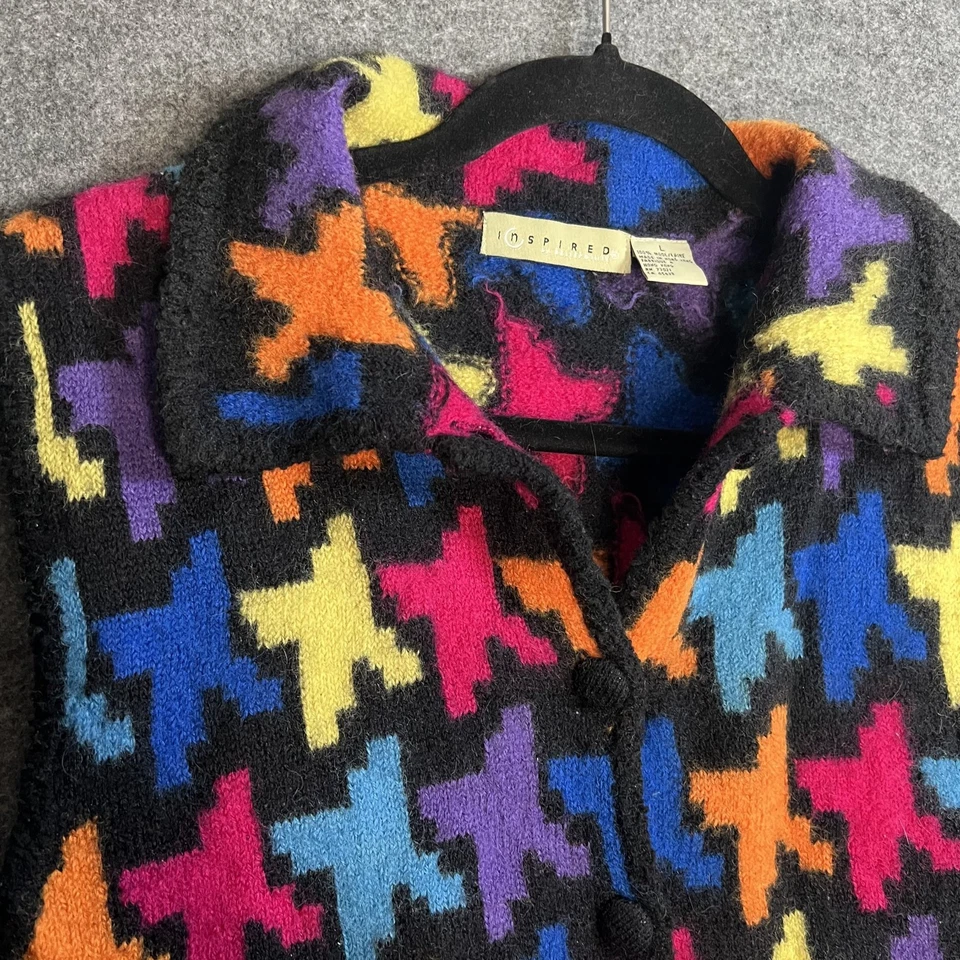 VTG Patchwork 100% Wool Collared Sweater Vest Sz L Dopamine Office Teacher 80s - Image 3 of 4