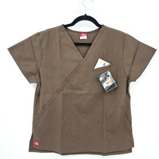 NWT Dickies Women's Small Brown Scrub Top Pocket Square Mock Wrap Medical