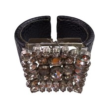 Leather Women Black Rhinestone Embellished Cuff Bracelet Adjustable Crystal Ston