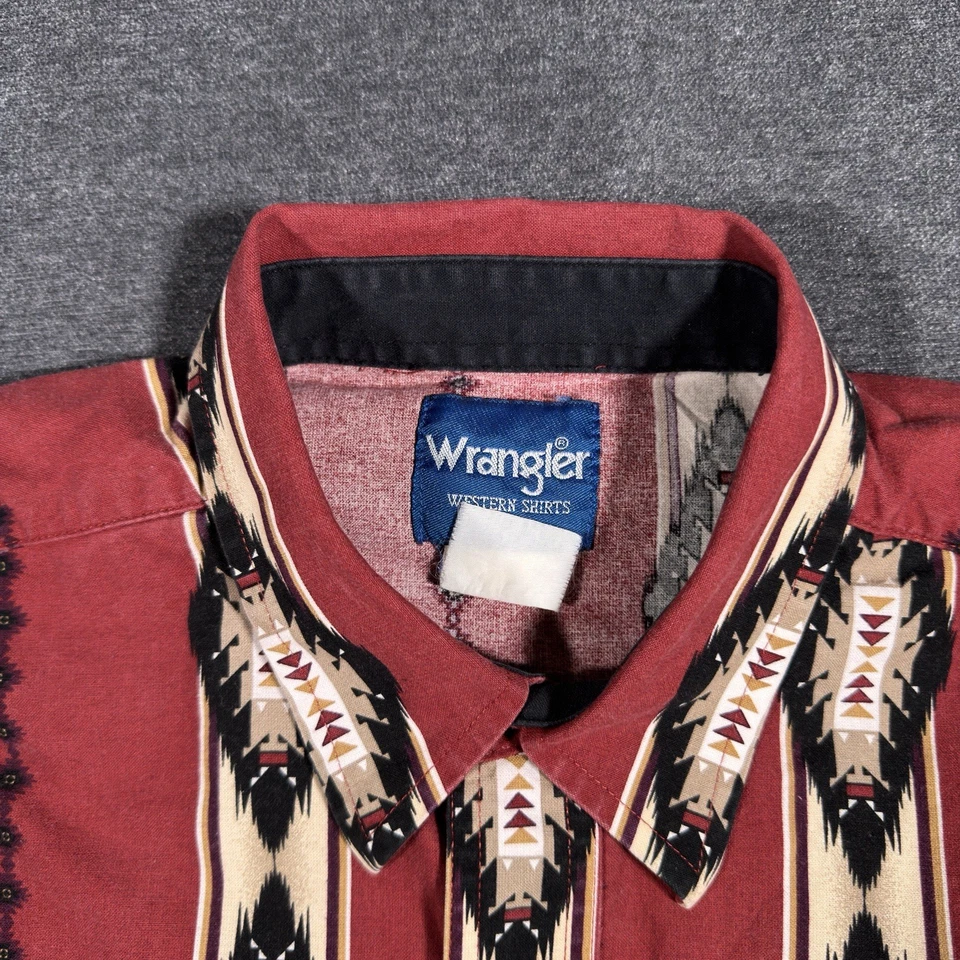 Vintage Wrangler Western Shirt Pearl Snap Mens Large Southwestern Aztec Red - Image 3 of 4