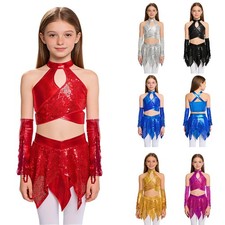 US Kids Sequin Dance Outfits Set Halter Crop Top With Skirt Gloves Set Dancewear