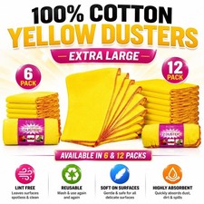 XL Yellow Dusters Cleaning Cloths (40 x 50cm) 100% Cotton Soft-Pack of 6/12