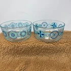 Vintage PYREX Set Of 2 Mixing Bowls Pinwheel Flowers Blue Turquoise Design