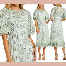 NEW Mac Duggal [ 2 ] 5579 Short Flounce Sleeve Midi Dress in Sage Green S1654