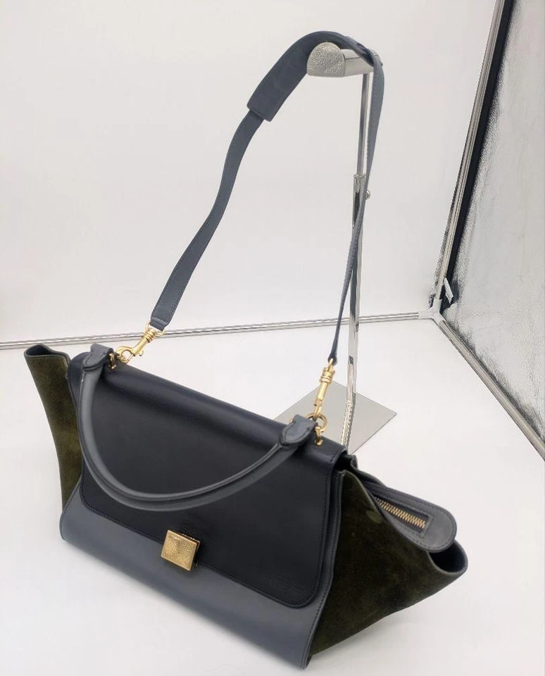 CELINE Trapeze 2way Tote Shoulder Bag Handbag Navy Burgundy Leather Beige Suede - Image 2 of 4