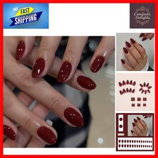 False Nails Short, 24Pcs Wine Red Almond Shape Fake Nails, Burgundy Stick on ...