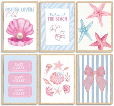 6Pcs Preppy Coastal Poster Wall Art,Pink Blue Watercolor Beach Wall Decor,Oys...