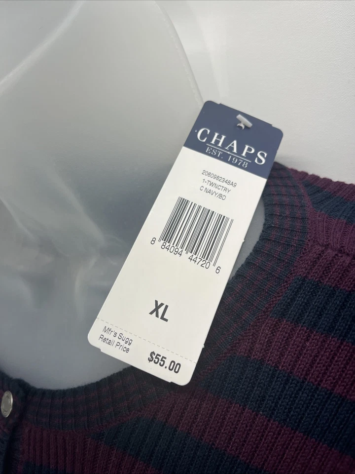 Nuevo con etiquetas Suéter Chaps Para Mujer Azul Marino Borgoña Rayas Henley Talla XL Foto 4 de 4