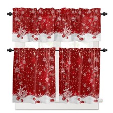 Christmas Kitchen Curtains Tiers and Valances Set 3 PCS, Red Christmas Ball S...