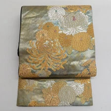 Japanese Kimono Fukuro Obi Silk Chrysanthemum pattern Green 173.2inch Women's
