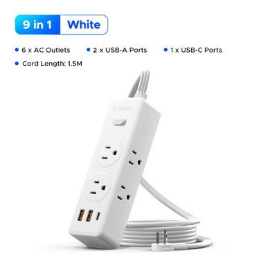 US Power Strip Surge Protector 6 AC Outlets 2 USB Ports + Type C Port 5 FT Cable