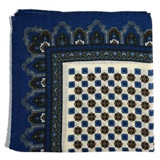 White Blue Floral Wool/Cashmere Pocket Square Handmade in Italy