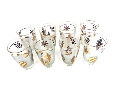 Vintage 1960's 8 Libby Frosted Gold Trimmed Leaf Design Glasses