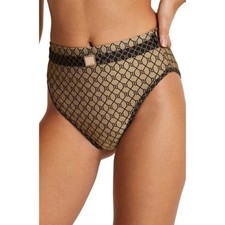 River Island Monogram Belted Brown High Waisted Bikini Swimsuit Bottoms Sz 8 New