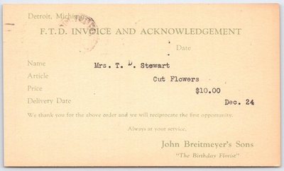 #ad #ad 1928 FTD Invoice Postcard John Breitmeyer#x27;s Sons Detroit MI Air Mail Ohio $4.75