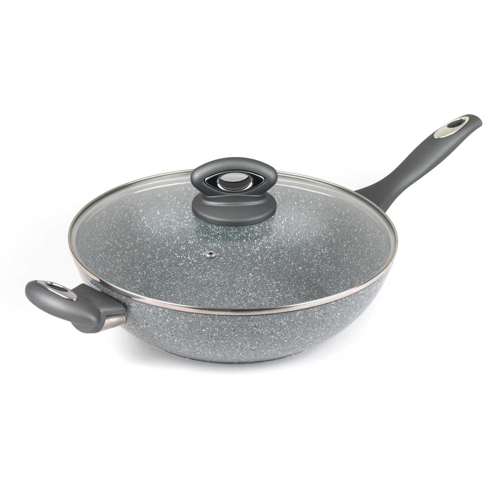 Salter Wok Non-Stick 28cm Glass Lid Induction Marblestone Forged Aluminium Grey