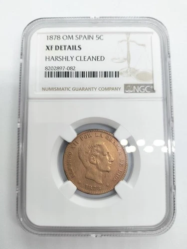 NGC XF 1878OM Spain 5 Centimo Copper Coin Alfonso XII / 84