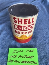 VINTAGE FULL SHELL X-100 QUART MOTOR OIL CAN Metal Tin Can Shell Oil Older Can