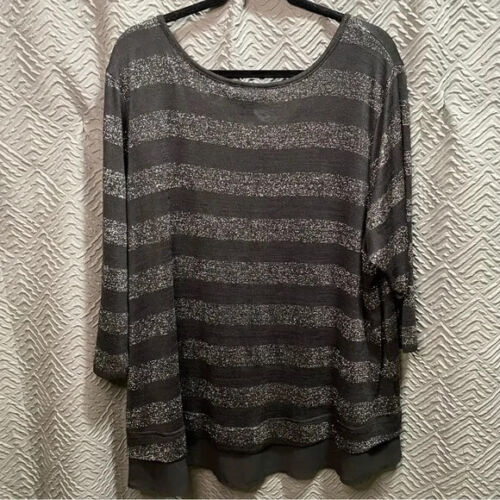 Lane Bryant Plus Size 26/28 Black Silver Striped Knit Top NWT - Picture 3 of 7