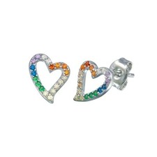 Sterling Silver Open Heart Stud Earrings w/ Multicolor CZ Stones