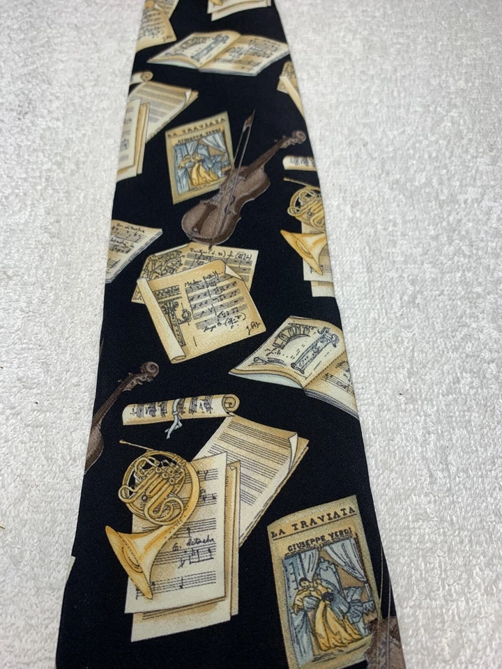 结构男式领带黑色带法国马和小提琴 4 X 59 — 第 3/4 张图片