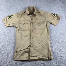 VTG Military Shirt Mens Small Khaki Twill Short Sleeve Uniform Beige Patches