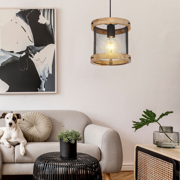 HäNgeleuchte Pendellampe Wohnzimmerleuchte Metallgitter Schwarz KüChenlampe Holz-image
