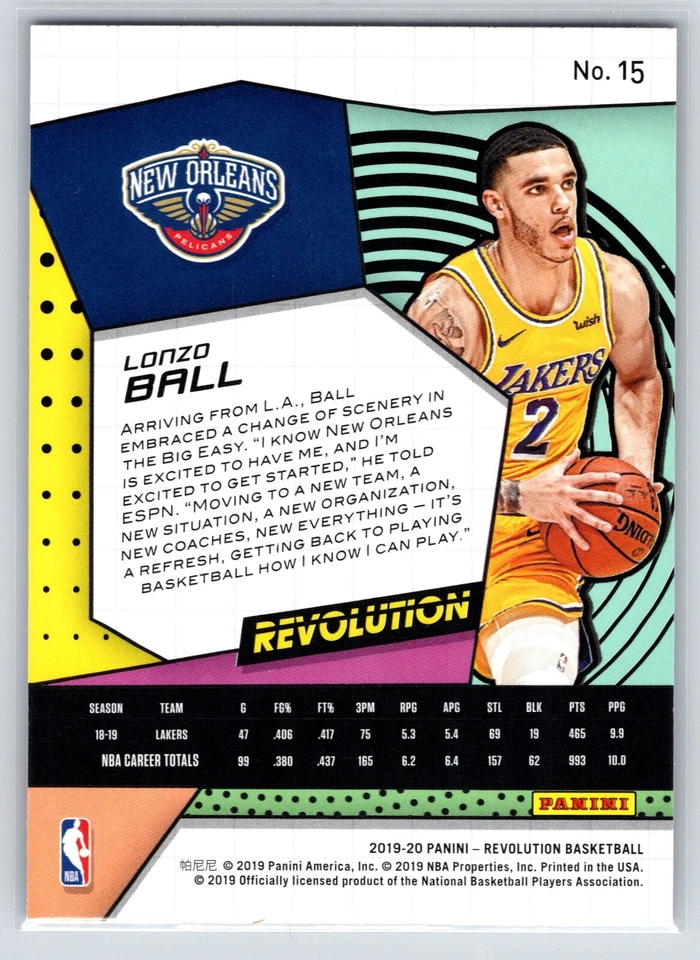2019-20 Panini Revolution Lonzo Ball #15 New Orleans Pelicans - Image 2 of 2