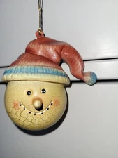 Snowman Head Round Christmas Tree Red Blue Hat Hard Resin Ornament