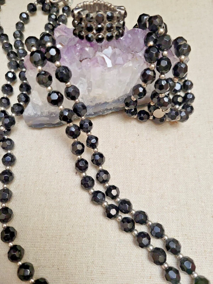 Cookie Lee Black Faceted Beaded Long Necklace Bracelet Set & Stretch Ring - Image 4 of 4