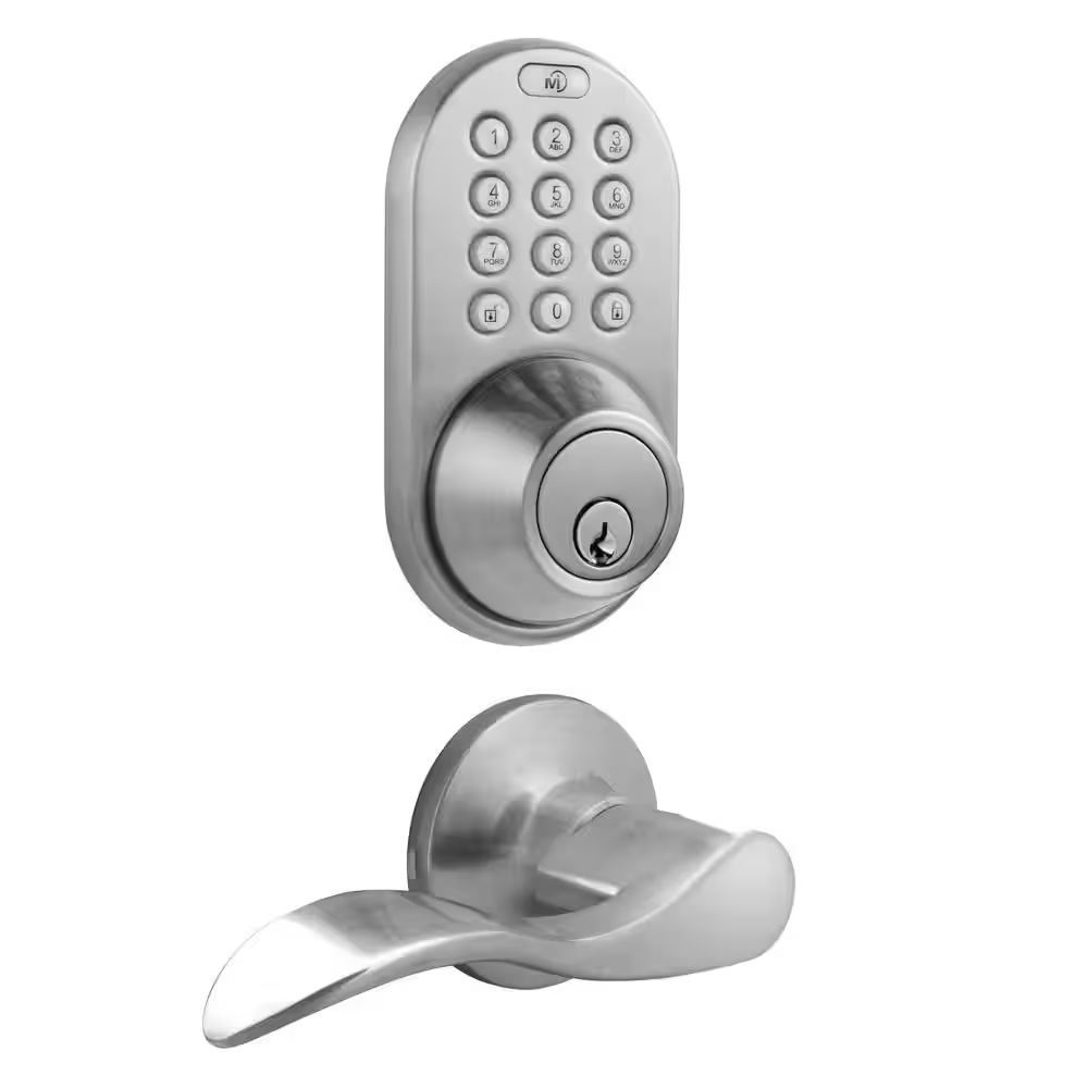 Satin Nickel Keyless Entry Deadbolt and Lever Handle Door Lock Combo Pack with Smart Access-image