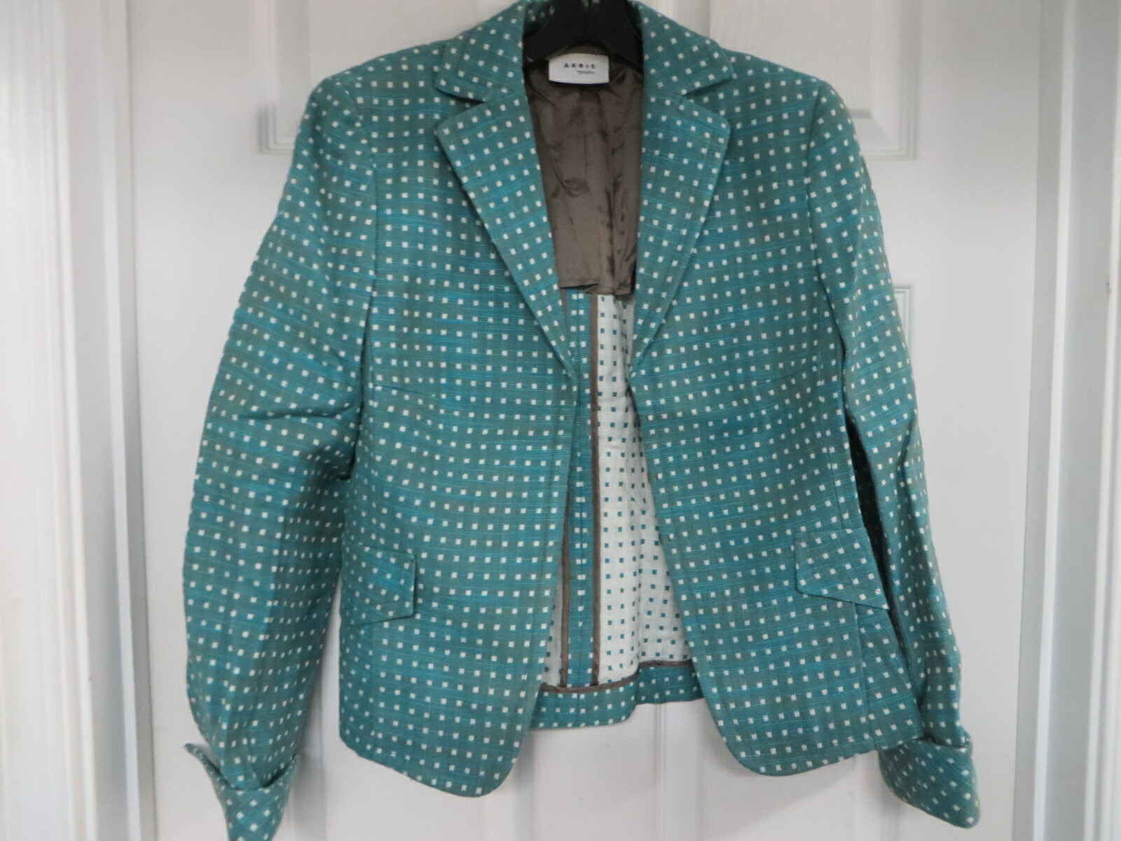 AKRIS Punto Cotton/linen Tweed Teal/white/brown Hook front Blazer US 6