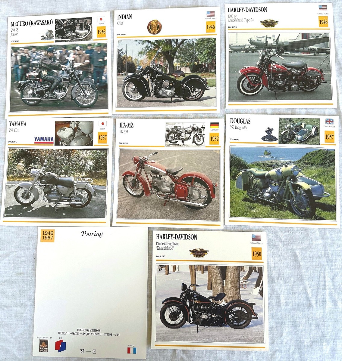 Seven 1946 – 1957 Touring Motorcycle Spec Sheet Info Cards | eBay