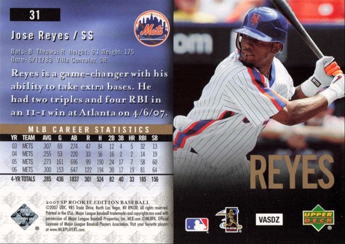 2007 SP Rookie Edition Jose Reyes New York Mets #31 - Picture 2 of 2