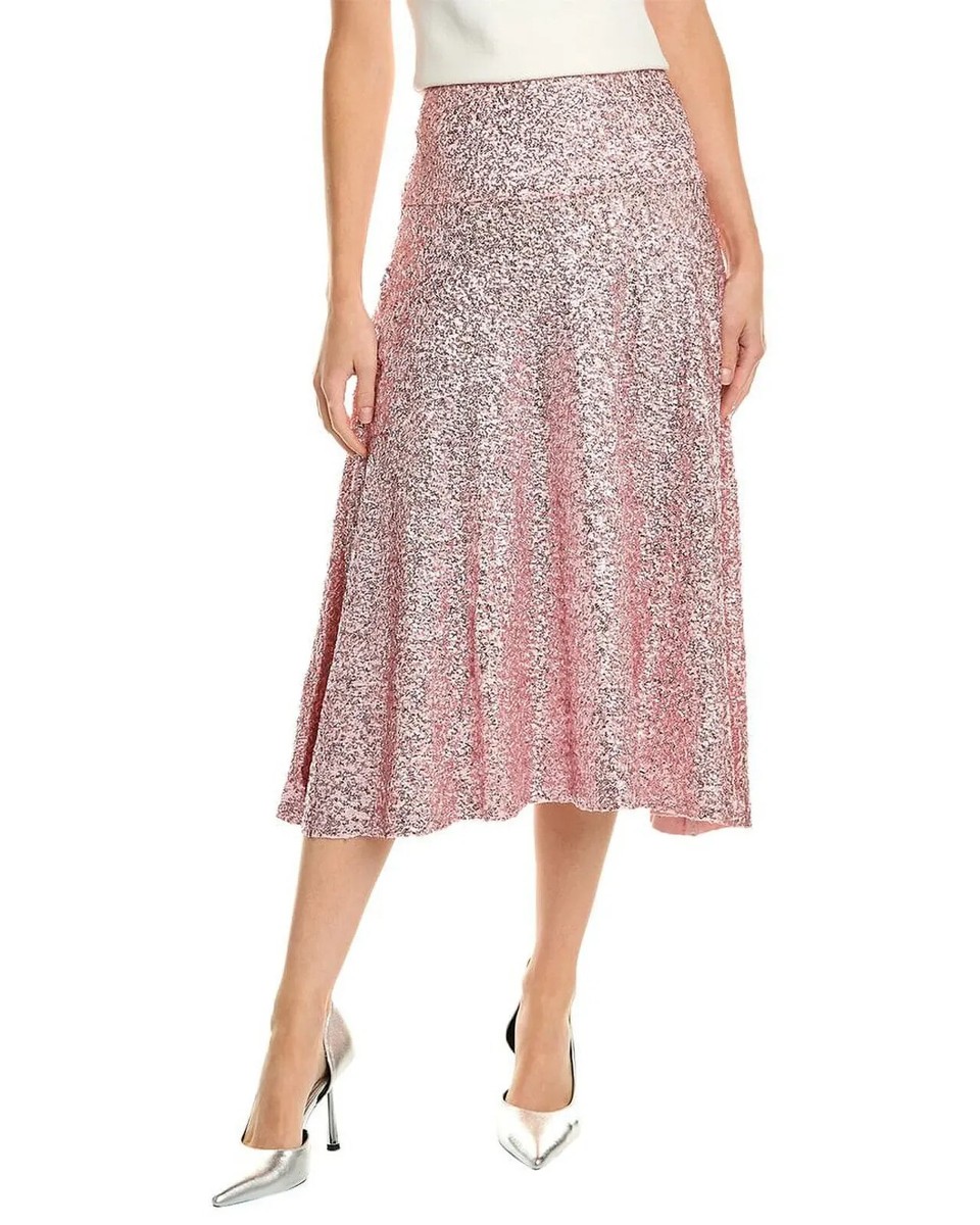 $275 NEW Norma Kamali Sequin Flared Midi Skirt Metallic Rose Pink