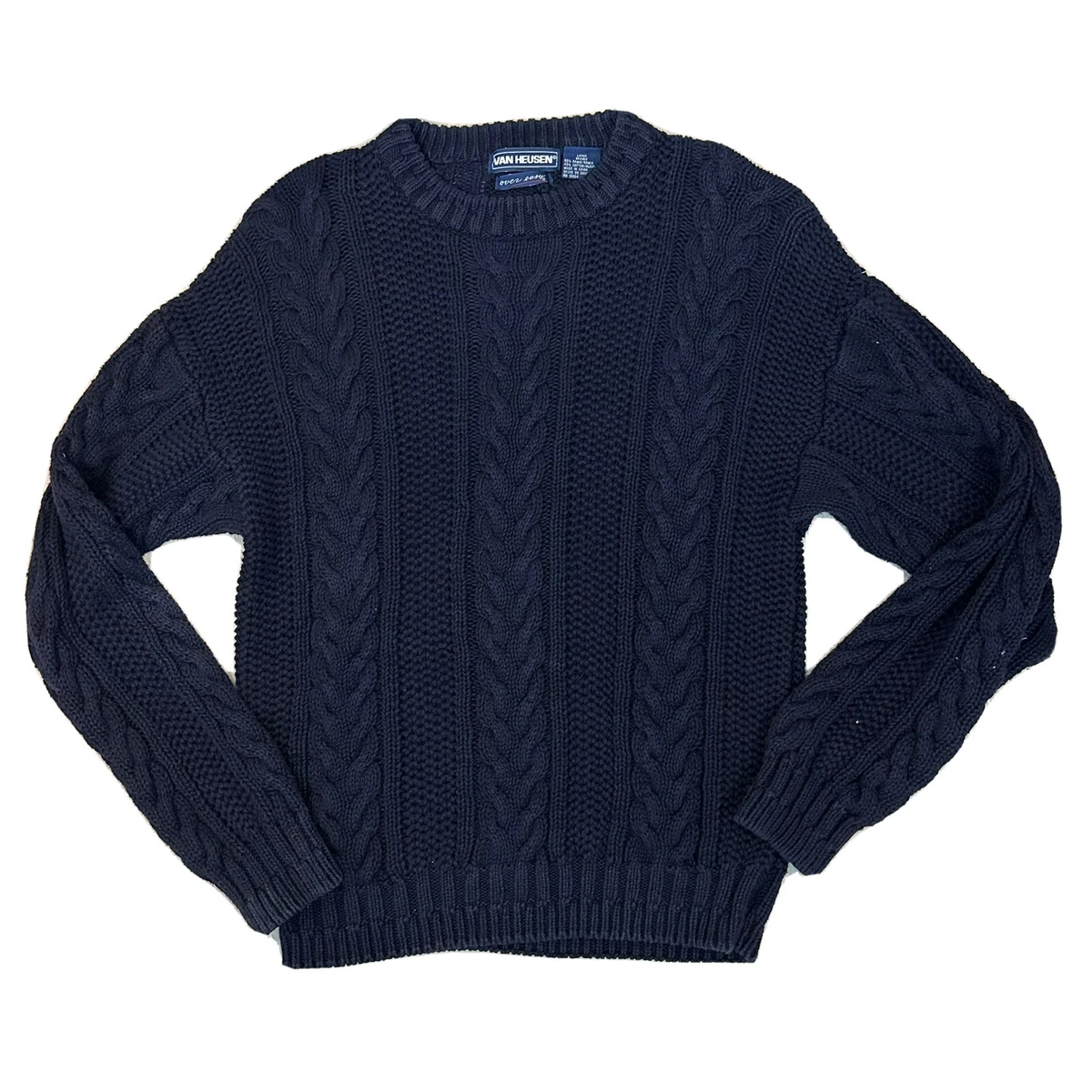 Van Heusen Sweater Mens Large Navy Blue Cable Knit Crew Neck