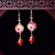 18K Gold Plated Red Agate Flower Dangle Drop Earrings for Women,Flower Earrings