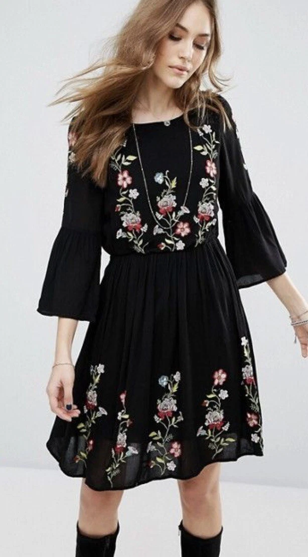 Moda Women's Dress Black Short Floral Elastic Boho | eBay