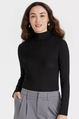 WOMEN’S LONG SLEEVE MESH TURTLENECK BLOUSE - A NEW DAY BLACK, SIZE M, FREE SHIP