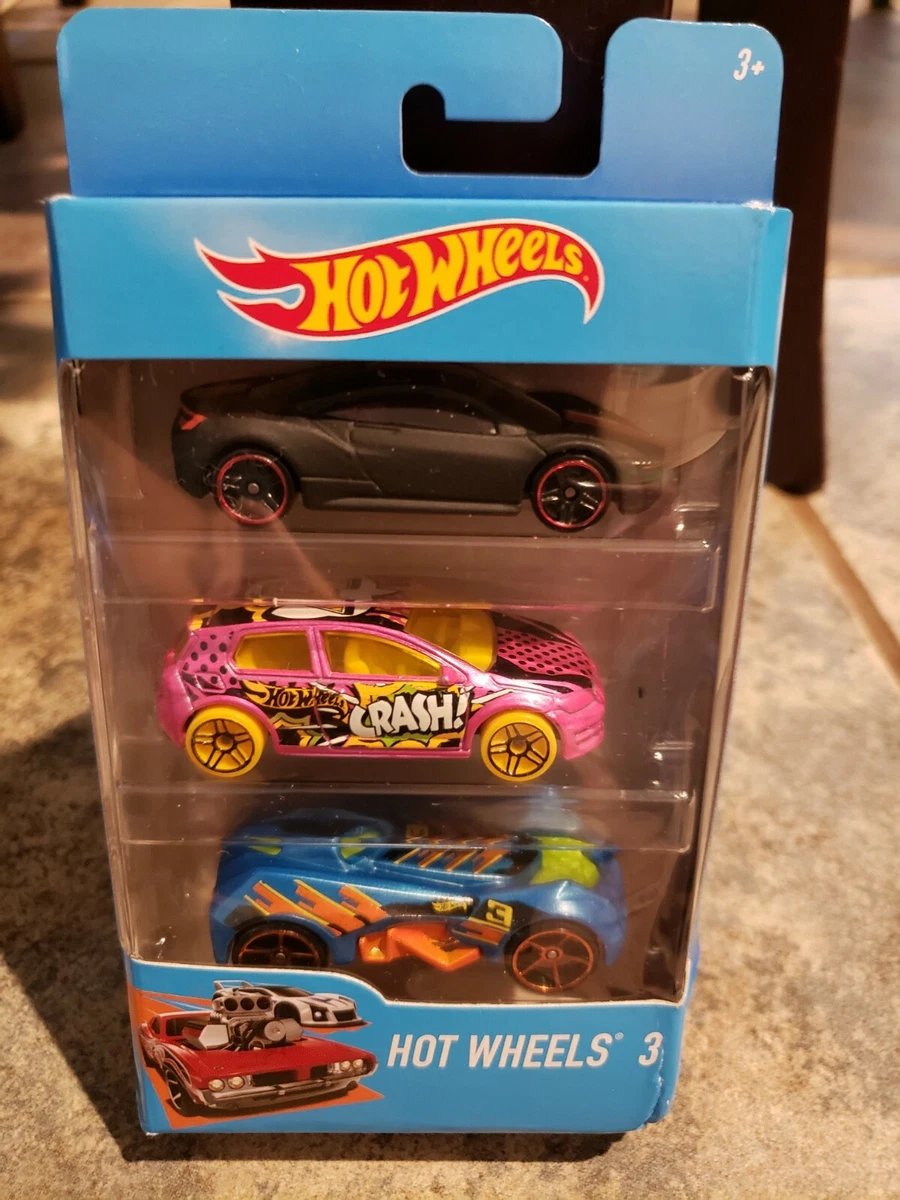 Hot Wheels 3 Pack 2016 Race Cars Pink Crash, Black Red Sports Car Orange RSQ