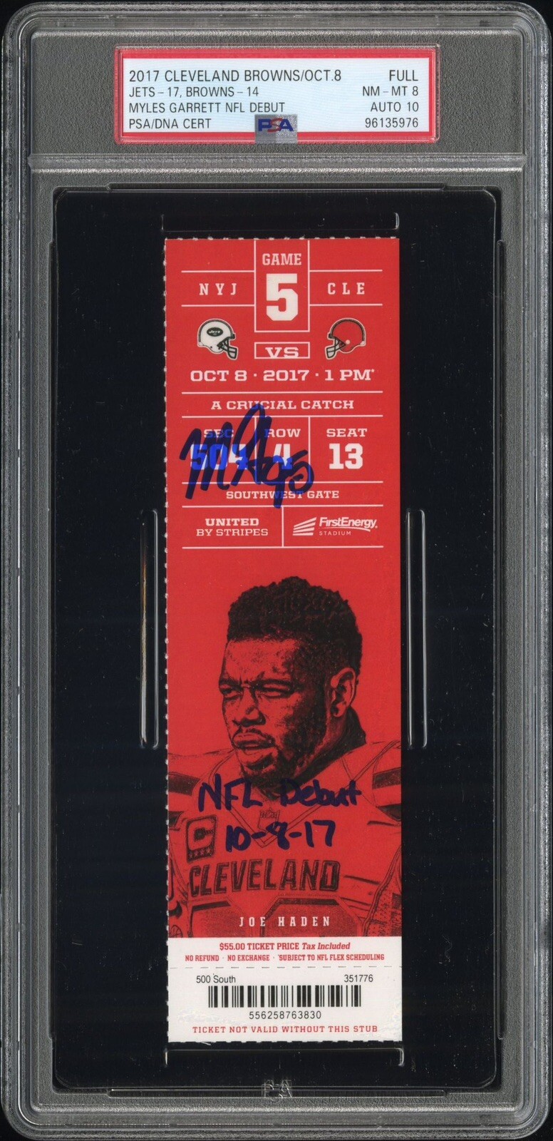 Myles Garrett Autographed Signed Cleveland Browns BROWNS NFL DEBUT TICKET 10/08/17 (PSA 10 AUTO) 
